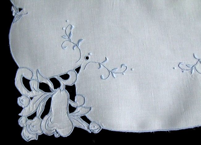 close up 3 set vintage table linens placemats and runner handmade figural lace blue embroidery