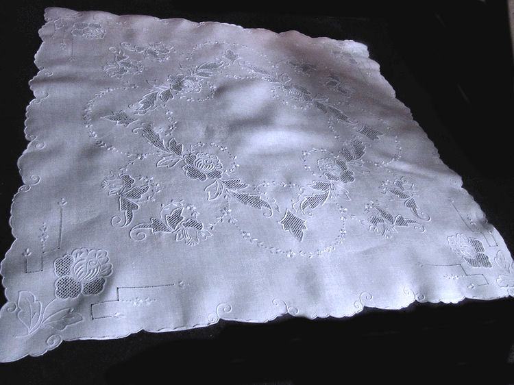 vintage antique white linen table topper with handmade Appenzell lace and blue embroidery