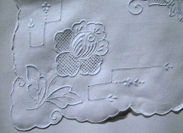 close up 3 vintage antique white linen table topper with handmade Appenzell lace and blue embroidery