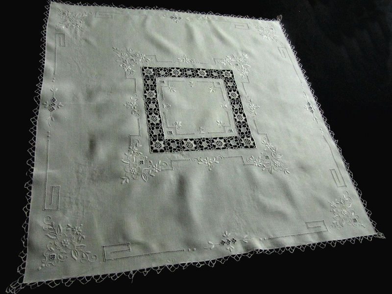 vintage handmade linen and lace table topper with embroidery
