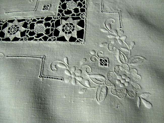 close up 3 vintage handmade linen and lace table topper with embroidery
