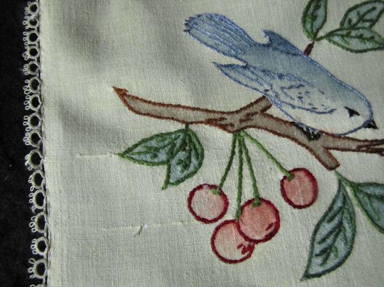 close up 2 vintage table runner dresser scarf arts and crafts bluebirds