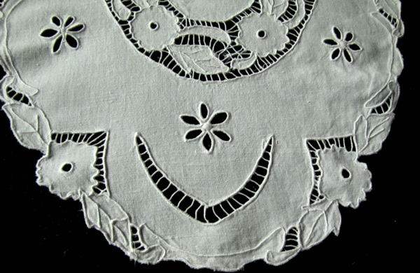 close up vintage white linen table runner dresser scarf with handmade lace