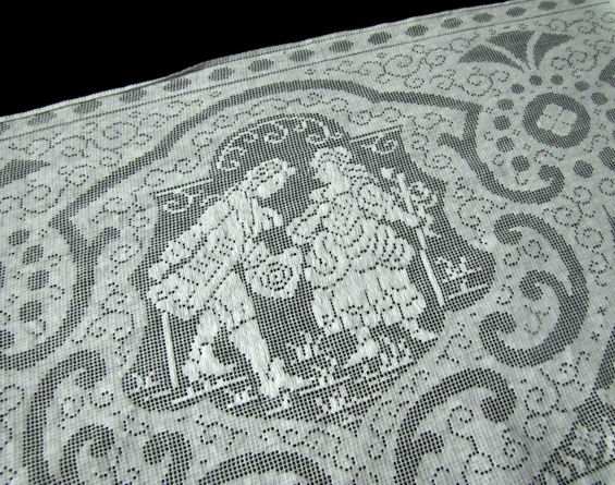 courting couple on vintage antique table runner dresser scarf figural lace