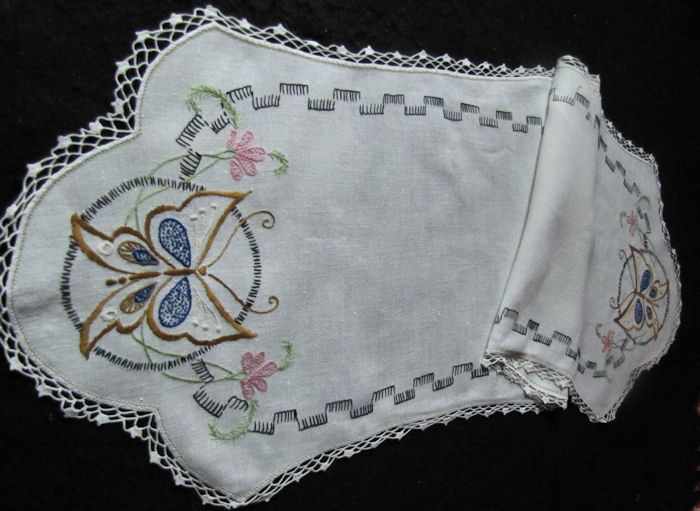 first view vintage antique table runner dresser scarf handmade lace and embroidered butterfly
