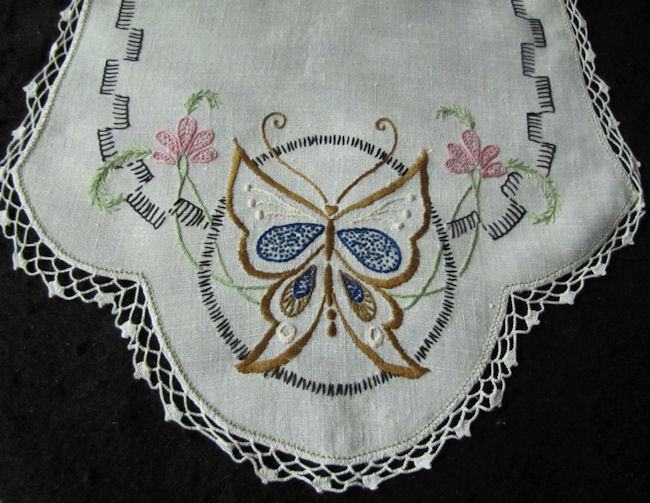 close up 1 vintage antique table runner dresser scarf handmade lace and embroidered butterfly