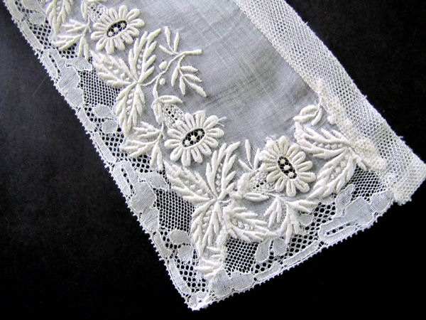 close up vintage antique victorian collar with point de paris lace and ayrshire whitework