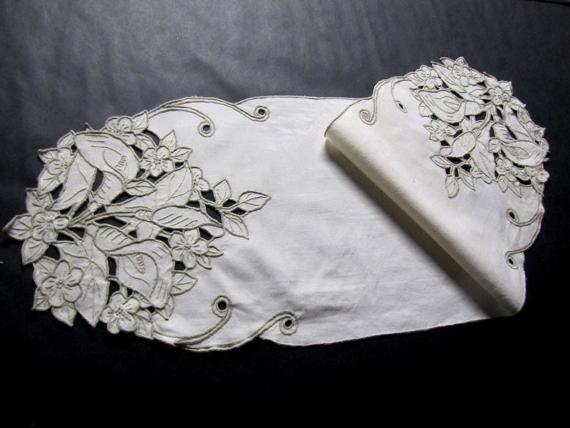 vintage antique table runner with handmade lace and embroidery