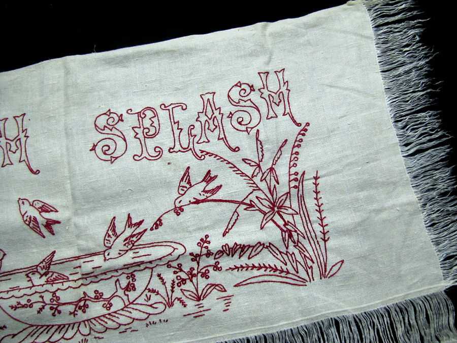 close up 2 vintage antique splasher towel with redwork