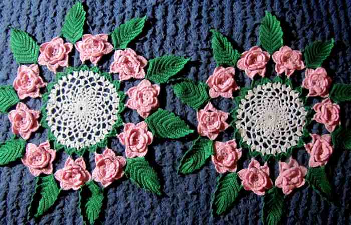 pair vintage handmade lace doilies pink flowers