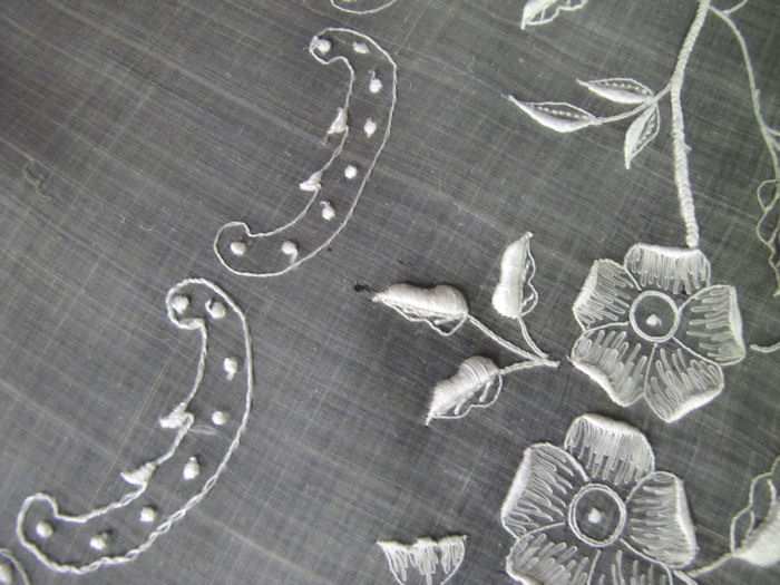 close up 5 vintage antique table topper sheer organdy hand embroidery