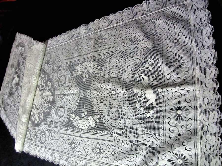 vintage antique figural lace table runner with cherubs