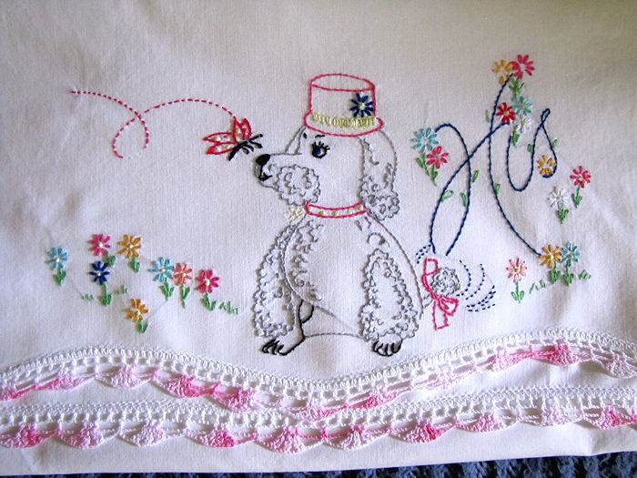 close up vintage pillowcase single His handmade lace embroidered poodle