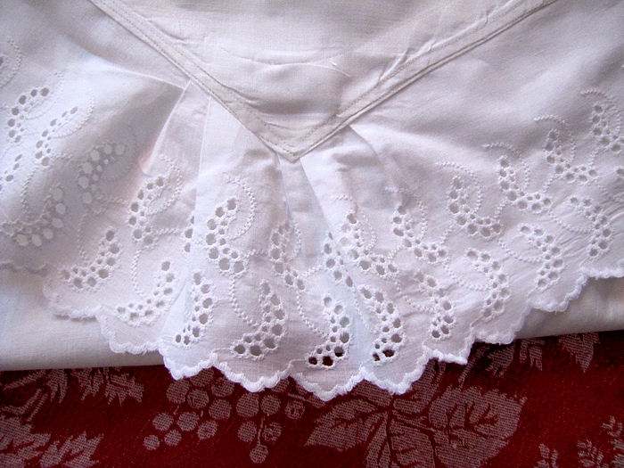 close up single vintage envelope pillowcase with ruffled lace