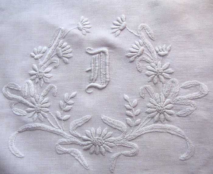 close up single vintage handmade pillowcase pillowslip monogrammed D