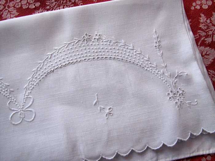 close up vintage single pillowcase pillowslip handmade lace whitework embroidery