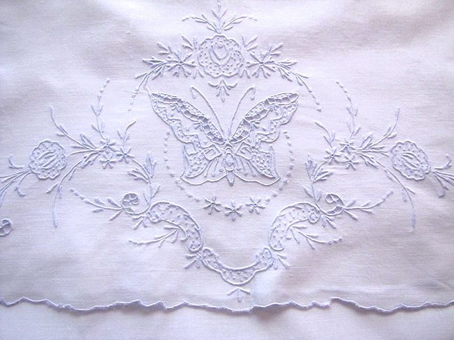 close up vintage single pillowcase pillowslip handmade lace blue butterfly