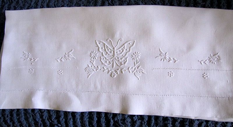 vintage single pillowcase handmade whitework butterfly