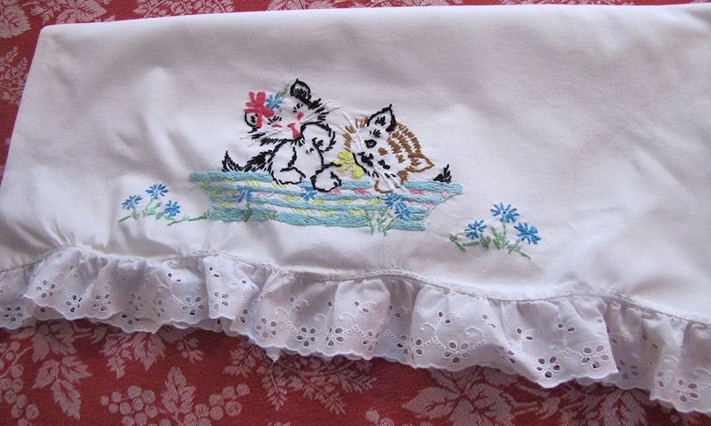 vintage single pillowcase pillowslip lace ruffle hand embroidered kittens