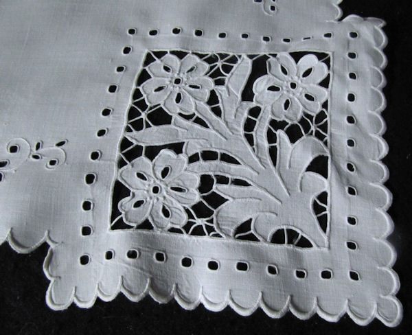 close up 1 vintage antique white linen table topper with handmade lace