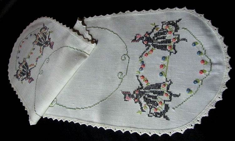 vintage antique linen table runner dresser scarf handmade lace embroidered dancing girls