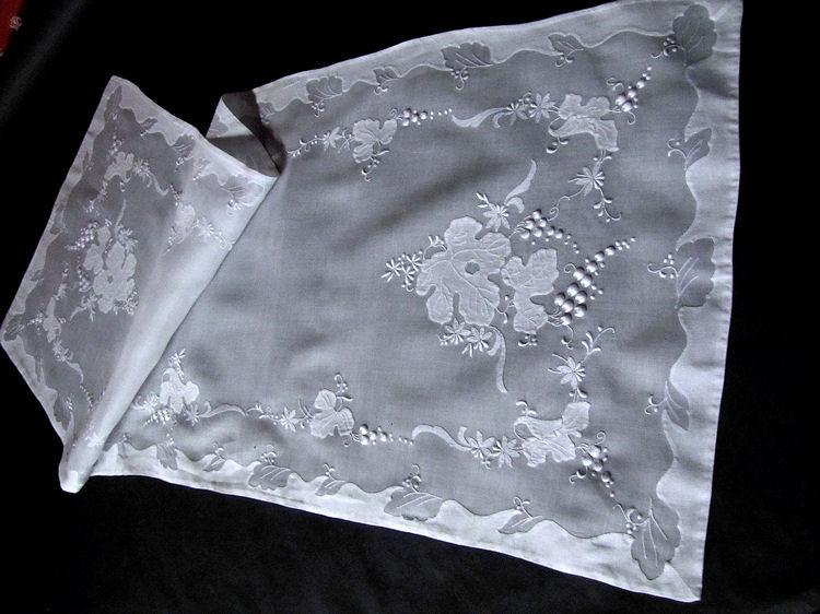 vintage antique table runner dresser scarf white organdy handmade applique and embroidery