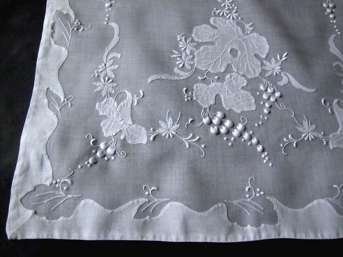 close up vintage antique table runner dresser scarf white organdy handmade applique and embroidery