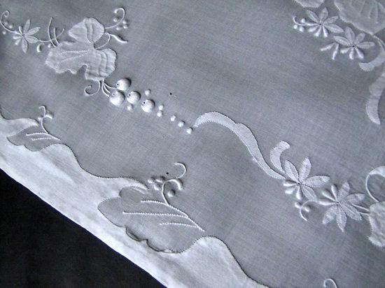 close up 3 vintage antique table runner dresser scarf white organdy handmade applique and embroidery