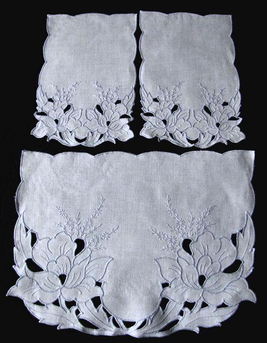 vintage handmade white linen dresser set handmade lace blue embroidery