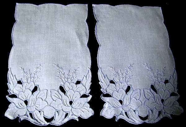 close up 2 vintage handmade white linen dresser set handmade lace blue embroidery