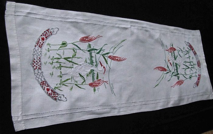 vintage linen table runner dresser scarf handmade egret
