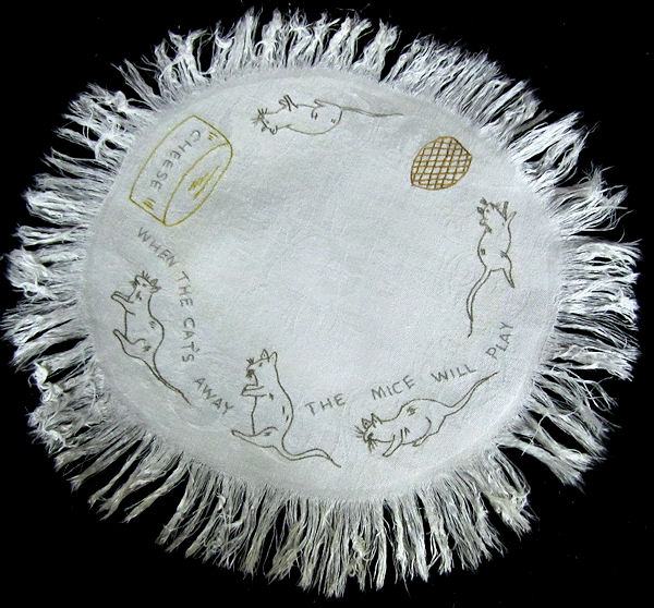 vintage white linen damask doily hand embroidered mice
