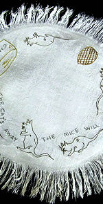 vintage silk embroidered mouse white linen doily