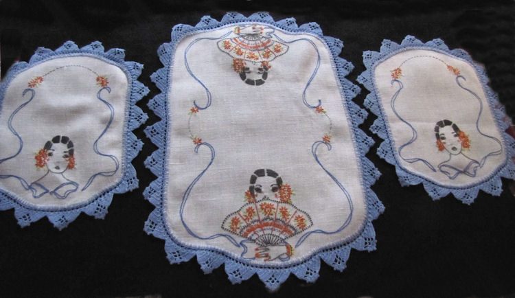 vintage antique dresser set handmade lace and embroidery