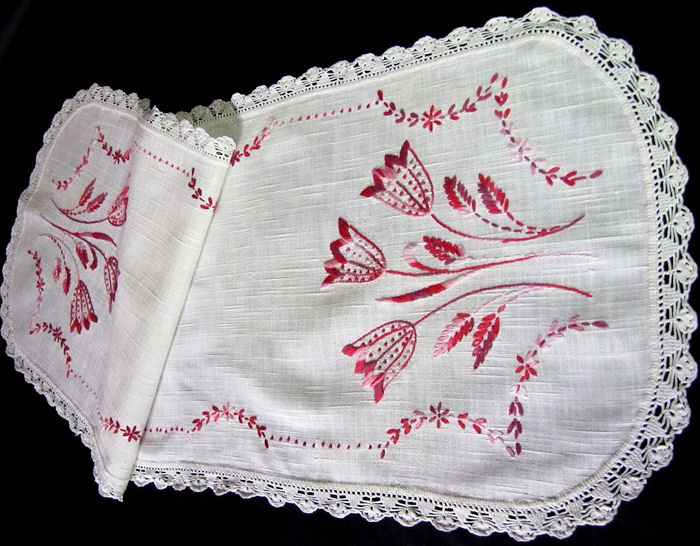 vintage antique linen table runner dresser scarf handmade lace and red embroidered tulips