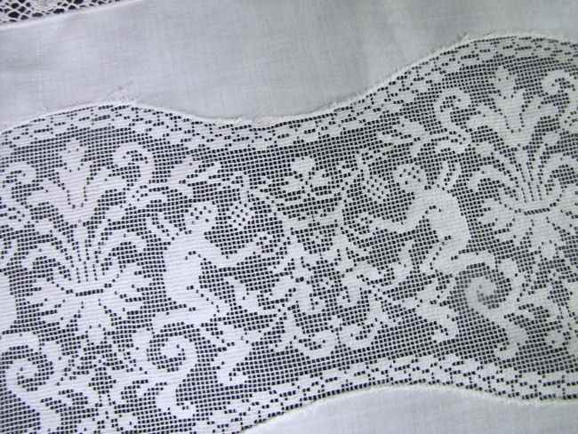 close up vintage antique table runner dresser scarf with figural lace