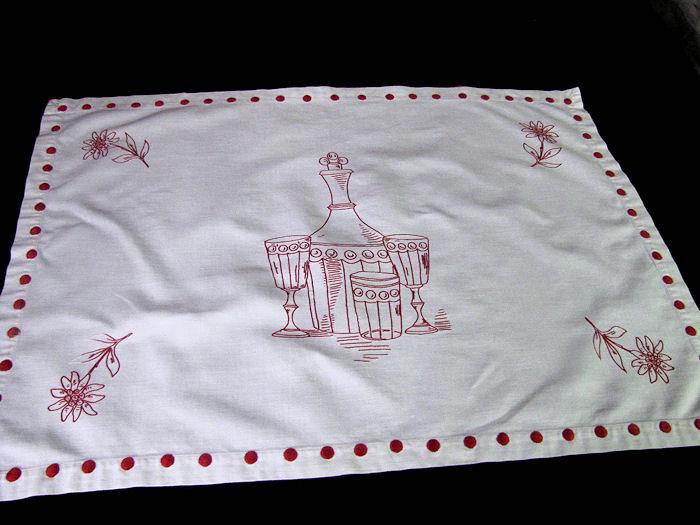 vintage antique table runner or wall hanging hand embroidered redwork wine carafe
