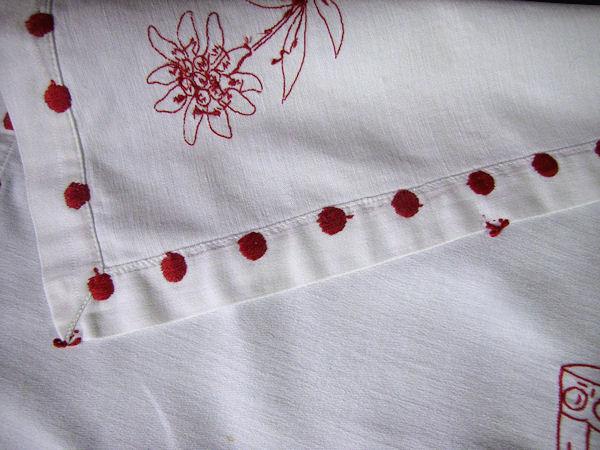 close up 3 vintage antique table runner or wall hanging hand embroidered redwork wine carafe