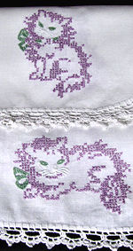 pair vintage antique table runners dresser scarves hand embroidered kittens