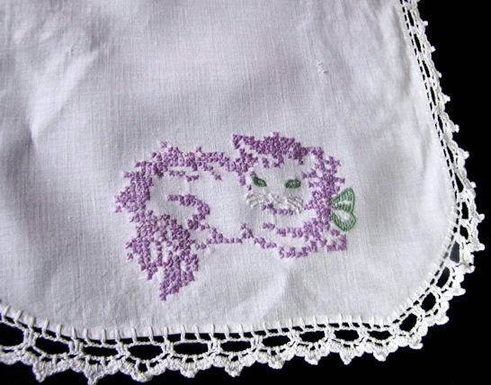close up 2 pair of vintage antique table runners dresser scarves with hand embroidered kittens and lace