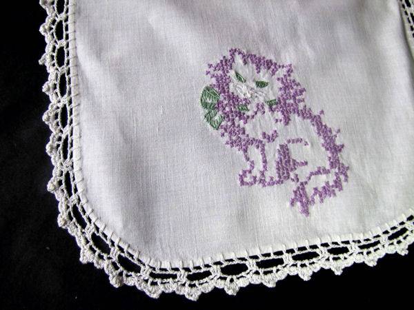 close up 3 pair of vintage antique table runners dresser scarves with hand embroidered kittens and lace
