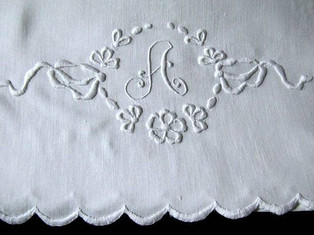 close up vintage pair pillowcases monogrammed A