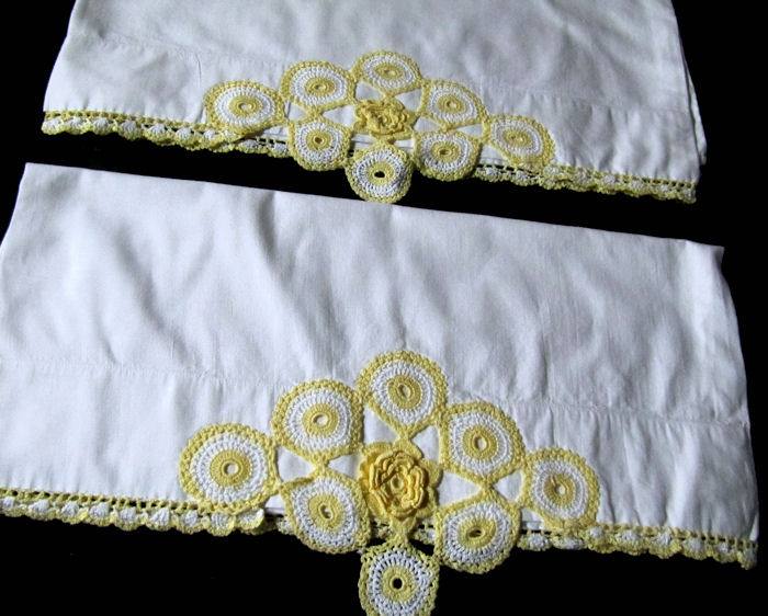 pair vintage antique pillowcases handmade lace