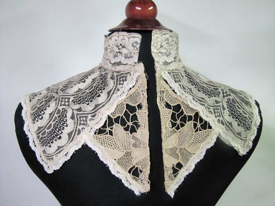 close up vintage antique mixed lace handmade collar lace