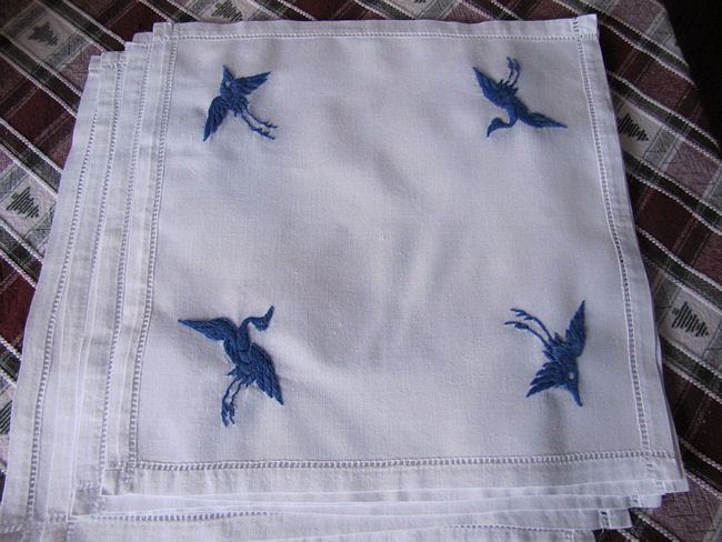 8 vintage blue heron white linen napkins matching tablecloth