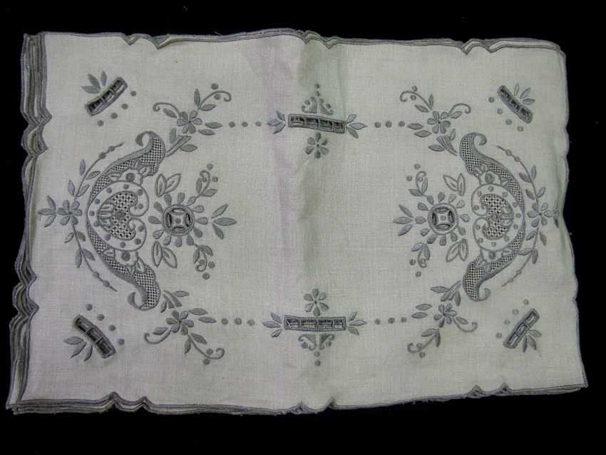 close up vintage antique placemats and table runner set handmade lace & Embroidery
