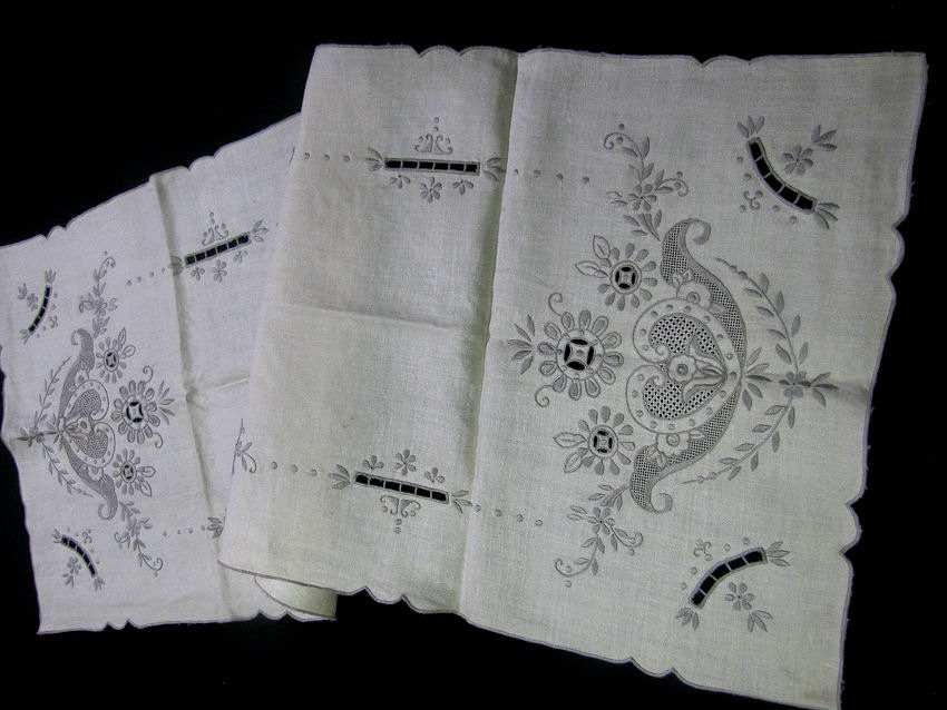 close up 2 vintage antique placemats and table runner set handmade lace & Embroidery