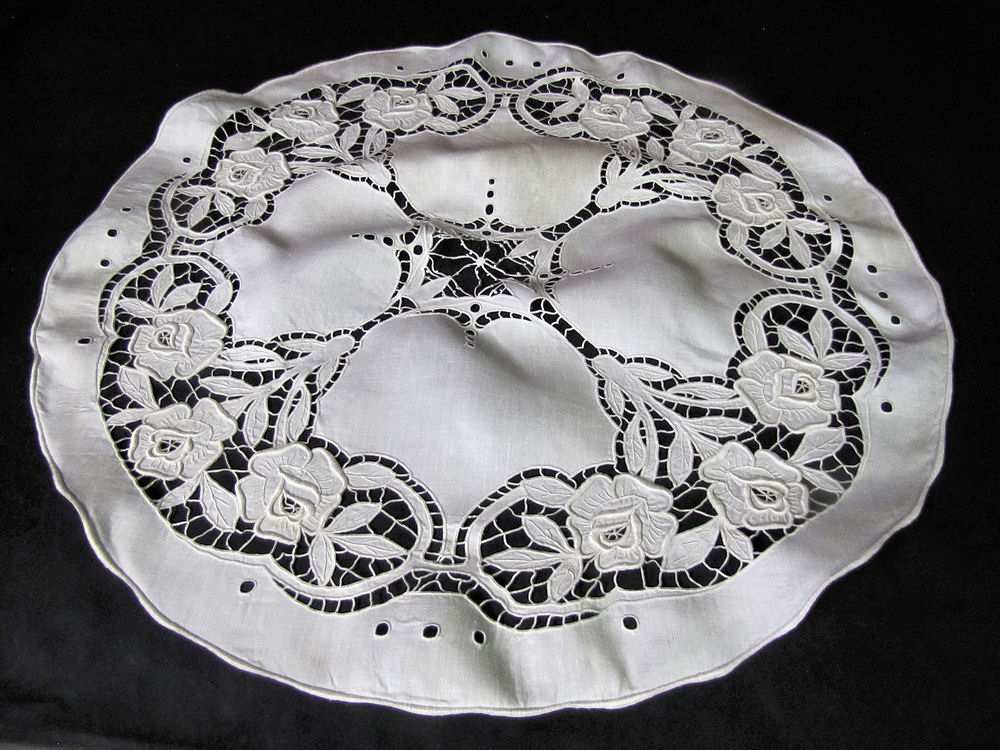 vintage white linen antique table topper handmade cutwork lace