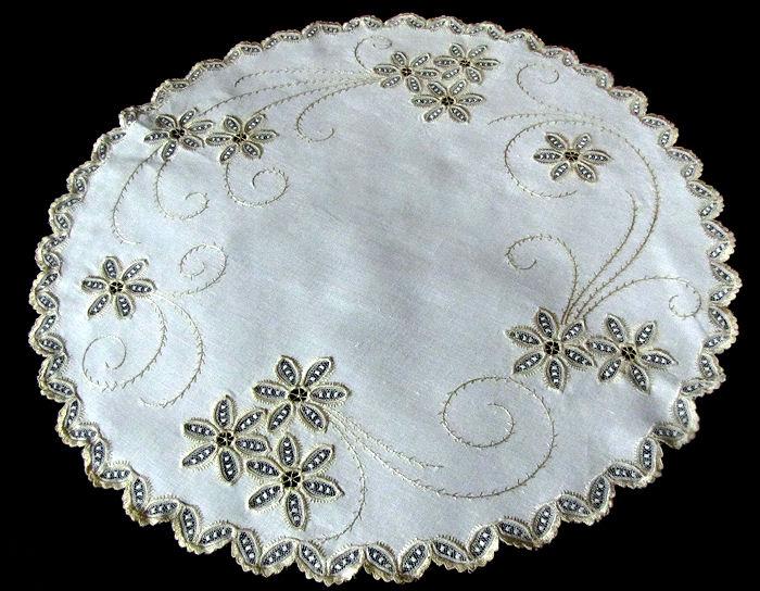 vintage antique linen table topper with society silk embroidery and hand embroidery