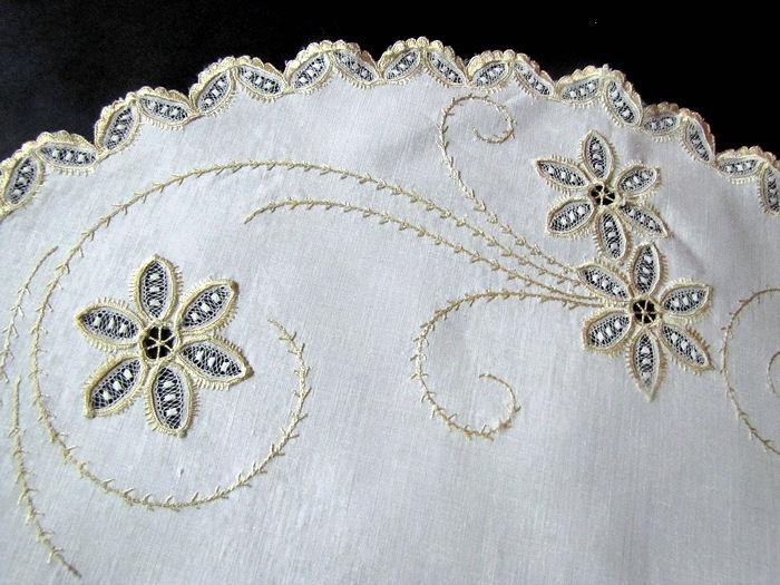 close up 2 vintage antique linen table topper with society silk embroidery and hand embroidery